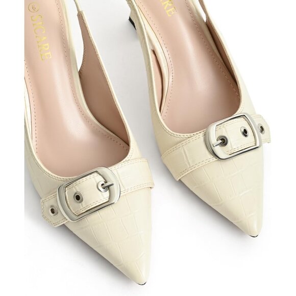 White Women Slingback Kitten Heels Pointed Toe Pumps Shoes with Buckle Strap - Picture 3 of 13